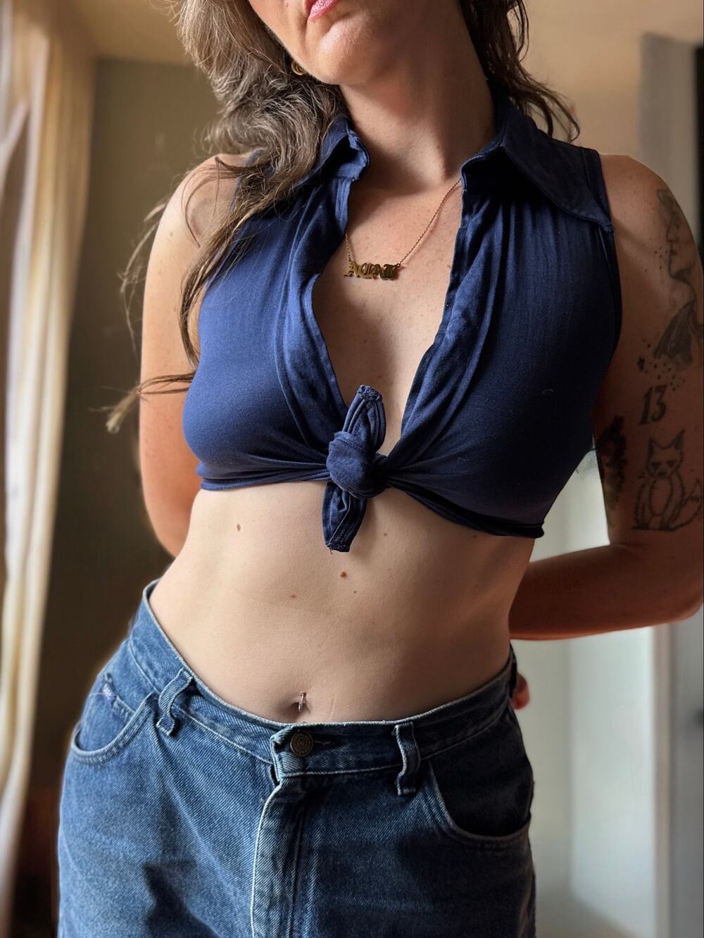 Vintage 70s Tie Front Crop Top | Navy Blue Collared Blouse | Size XS/S